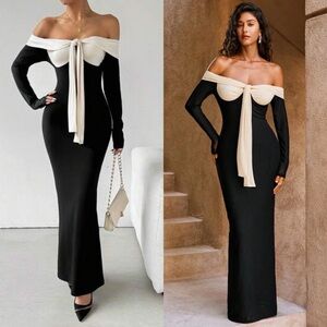 Strangers In The Night Off Shoulder Mesh Front Tie Maxi Dress
